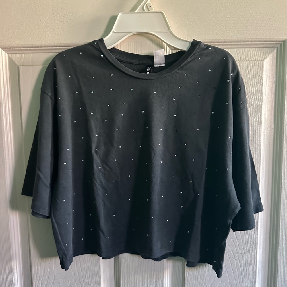 Gray Blue Rhinestone Crop Tee